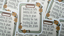 Load image into Gallery viewer, A close-up of multiple printed cards or labels arranged on top of each other. The cards are white with a decorative border in sage green and olive tones, featuring yellow flowers and black text, including the Bible verse 'Walking by faith, Seeking his face, Living in grace, Running the race, Trusting his peace, Giving him praise.