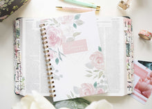 Load image into Gallery viewer, white-Sermon-Notebook-for-Church-notes-has-pink-floral-design-laying-on-NET-Bible-with-pink-floral-bible-tabs